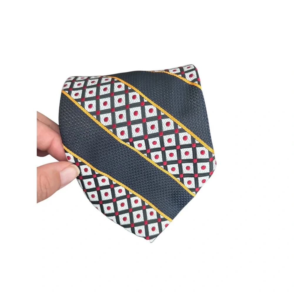 Men's Geometric Striped‎ Necktie — Navy, Red & Gold — 57